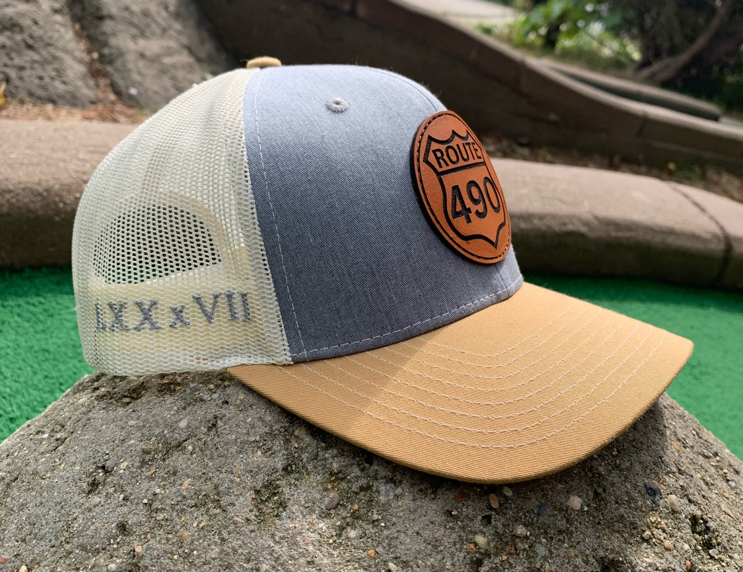 Route 490™ Trucker Hat with Leather Patch - Gray/Birch/Gold