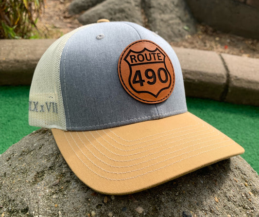 Route 490™ Trucker Hat with Leather Patch - Gray/Birch/Gold