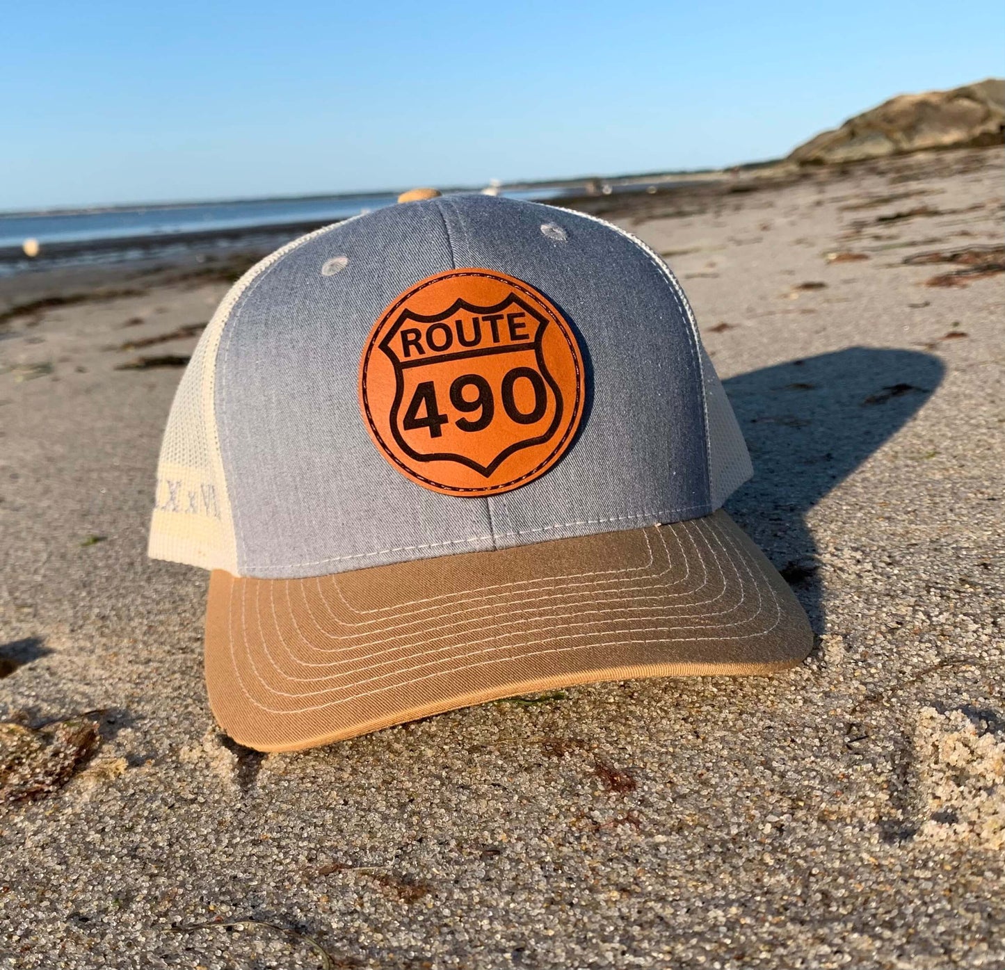 Route 490™ Trucker Hat with Leather Patch - Gray/Birch/Gold